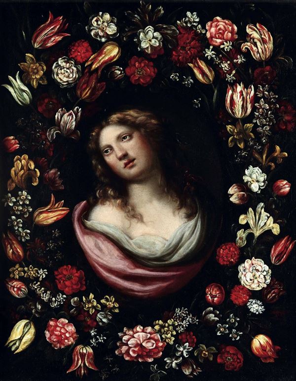 Scuola italiana del XVII secolo Ritratti di donna entro ghirlande di fiori