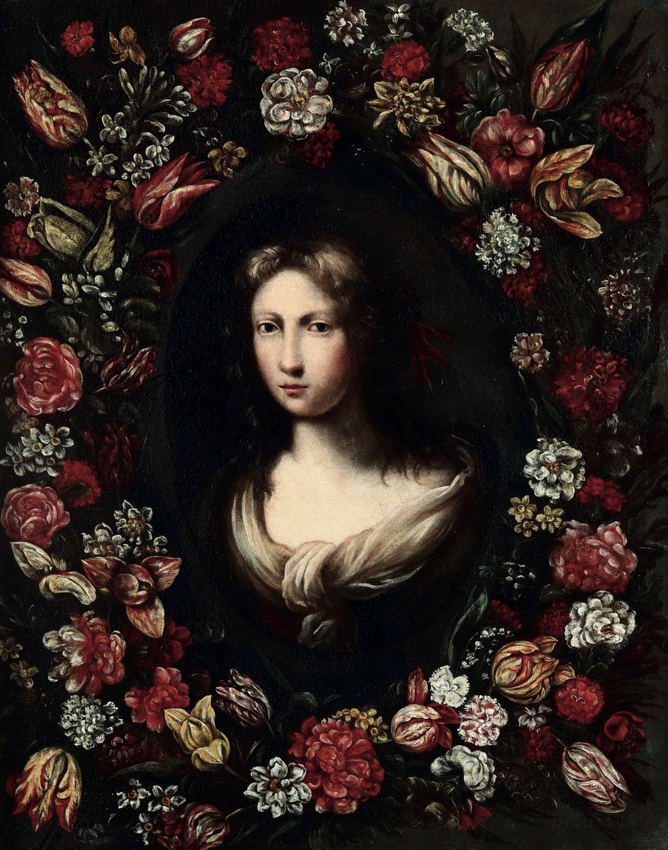 Scuola Italiana del XVII Secoloritratti di Donna Entro Ghirlande di Fiori