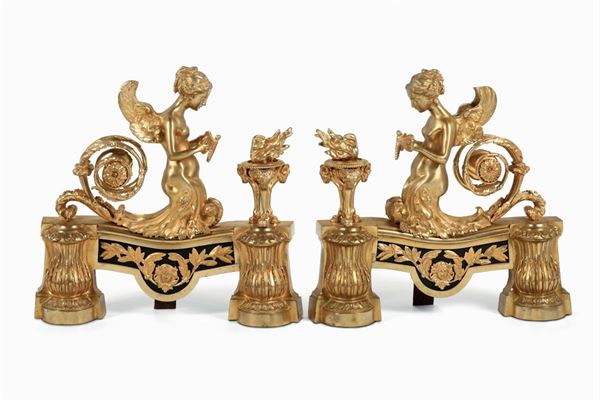 Coppia di alari in bronzo dorato e cesellato, Francia XIX-XX secolo
