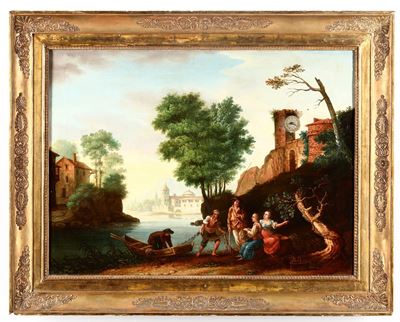 Orologio a quadro con paesaggio fluviale e figure, dipinto a olio su tela, XIX secolo