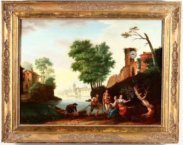 Orologio a quadro raffigurante paesaggio fluviale con figure ed architetture ad olio su tela, XIX secolo