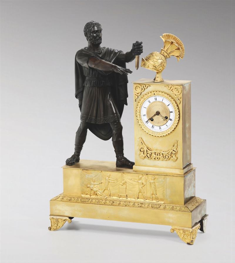 Pendola da tavolo in bronzo dorato e patinato, Francia XIX secolo  - Auction Antique Clocks - Cambi Casa d'Aste