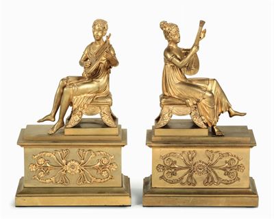 Suonatore di Cetra e Suonatrice di Mandolino in Bronzo Dorato, Francia XIX-XX Secolo