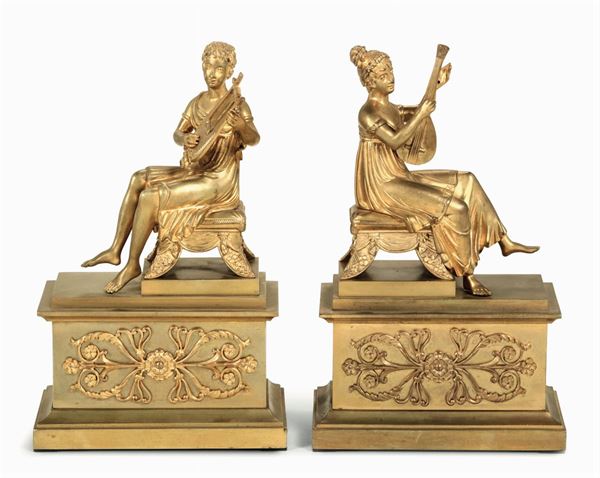 Suonatore di cetra e suonatrice di mandolino in bronzo dorato, Francia XIX-XX secolo