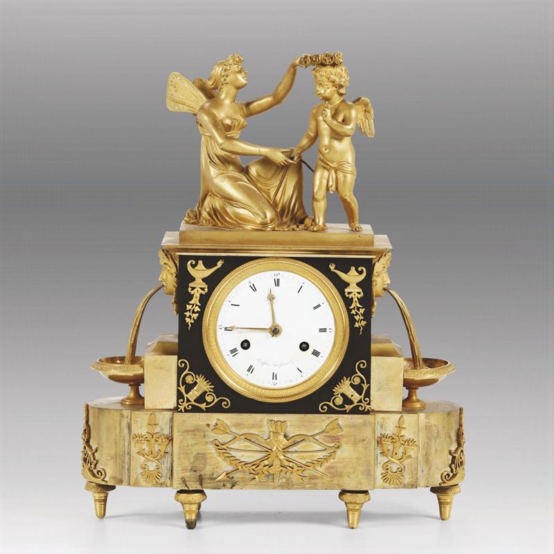 Pendola da tavolo in bronzo dorato e patinato, Thiaffait Nourrisson à Lyon, Francia XIX secolo  - Auction Antique Clocks - Cambi Casa d'Aste