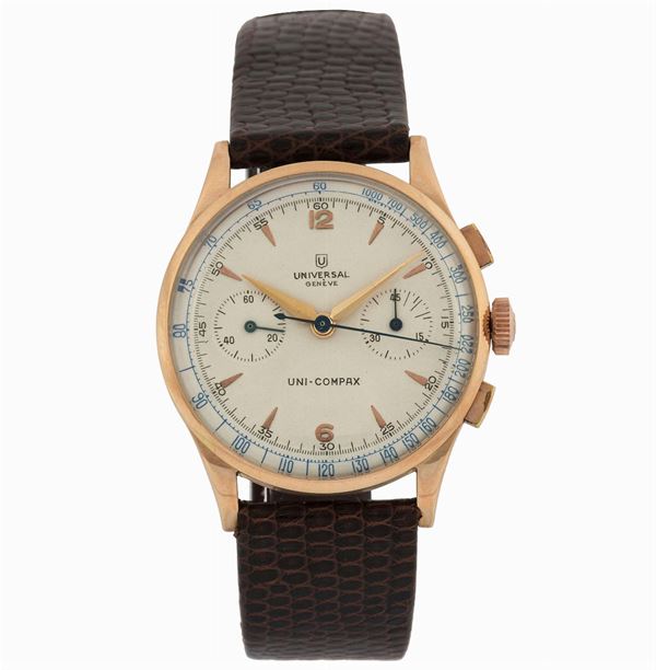 Universal, Geneve, Uni-Comapax, Ref. 124103, . Fine and rare, 18K pink gold chronograph wristwatch with original gold plated buckle. Made circa 1950