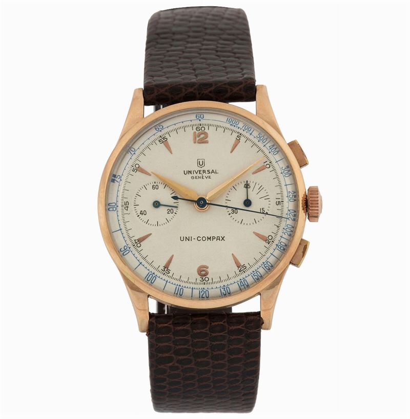 Universal, Geneve, Uni-Comapax, Ref. 124103, . Fine and rare, 18K pink gold chronograph wristwatch with original gold plated buckle. Made circa 1950  - Auction wrist and pocket watches - Cambi Casa d'Aste