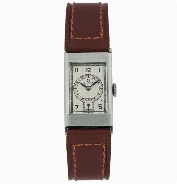 Omega, case no. 9018049. Fine and rectangular, stainless steel wristwatch. Made circa 1930