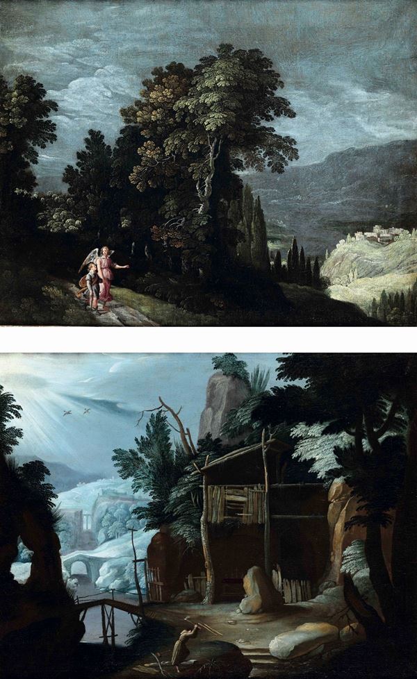 Paesaggi notturni con monaco al lavoro<BR>Tobiolo e l'Angelo