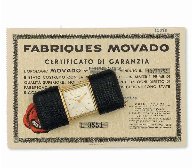 Movado. Fine, leather covered gilt brass Ermeto, extensible keyless purse watch. Sold in 1953. Accompanied by the original Certificate and box  - Auction wrist and pocket watches - Cambi Casa d'Aste