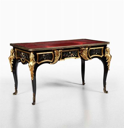 Scrivania Diplomatica Napoleone III in Legno Ebanizzato, Bronzi Dorati e Pietre Dure, XIX Secolo