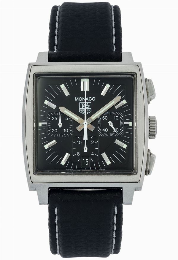 Tag Heuer, Monaco, Ref. CW2111. Fine, square convex, water-resistant, self-winding stainless steel wristwatch with square button chronograph, registers, date and a stainless steel Tag Heuer buckle. Accompanied by the original box and guarantee