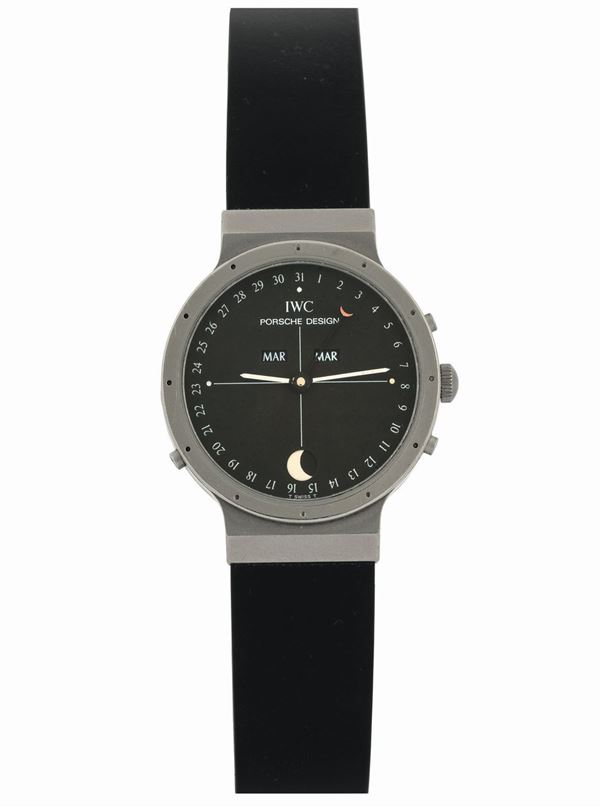 IWC, Porsche Design, Ref. 3430. Fine, titanium quartz wristwatch with moonphase, calendar and original deployant clasp. Made circa 1980