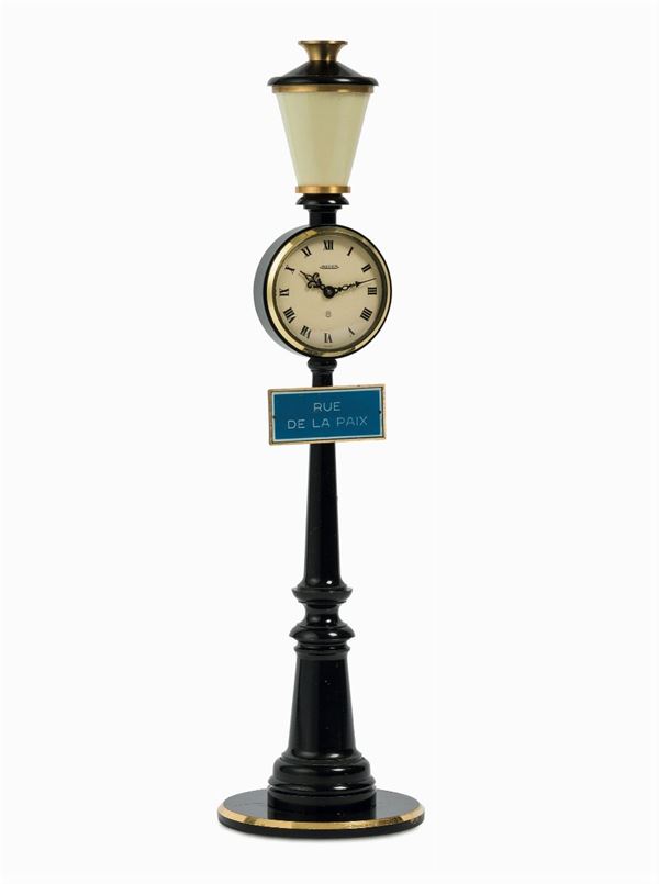 LeCoultre,  Rue de la Paix .  Fine and unusual, 8-day going, keyless table clock, designed as a street lamp. Made circa 1960.