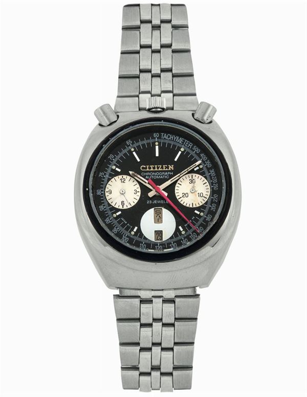 Citizen, Chronograph, Automatic, Bull-Head. Fine, water resistant, self-winding, stainless steel wristwatch with day-date and original bracelet with deployant clasp. Made circa 1970