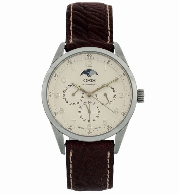 Oris, Automatic, Moon Phase, case No. 2128576. Fine and large, self winding, stainless steel wristwatch with calendar, moon phases,  24 hour display and original buckle. Accompanied by the original box