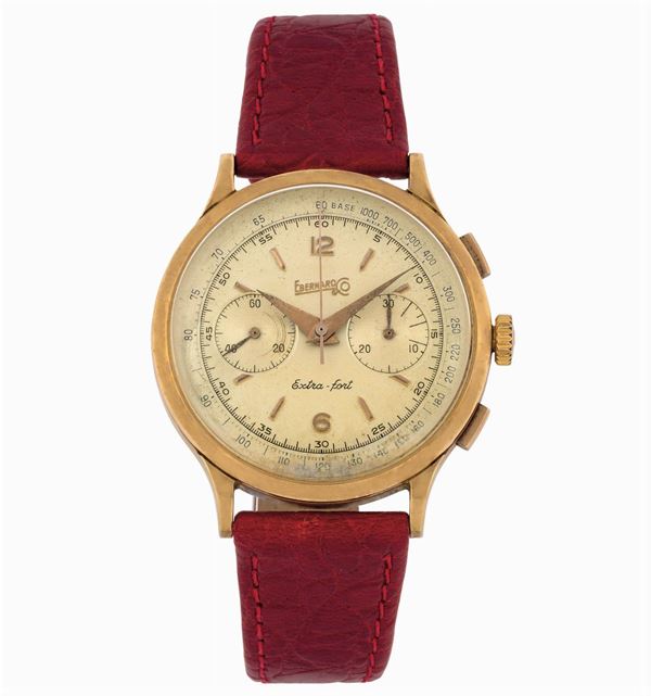 EBERHARD, Extra-Fort, Ref. 14007-699. Fine, 18K yellow gold chronograph wristwatch with original buckle. Made circa 1950