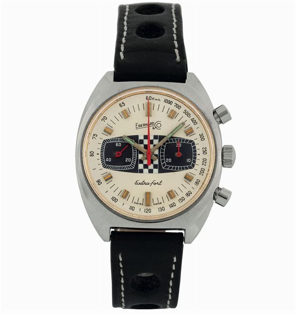 Eberhard & Co., Extra-fort, Ref. 34006. Orologio da polso,  cronografo, in acciaio, quadrante racing, con scala tachimetrica esterna e fibbia originale. Realizzato nel 1970 circa
