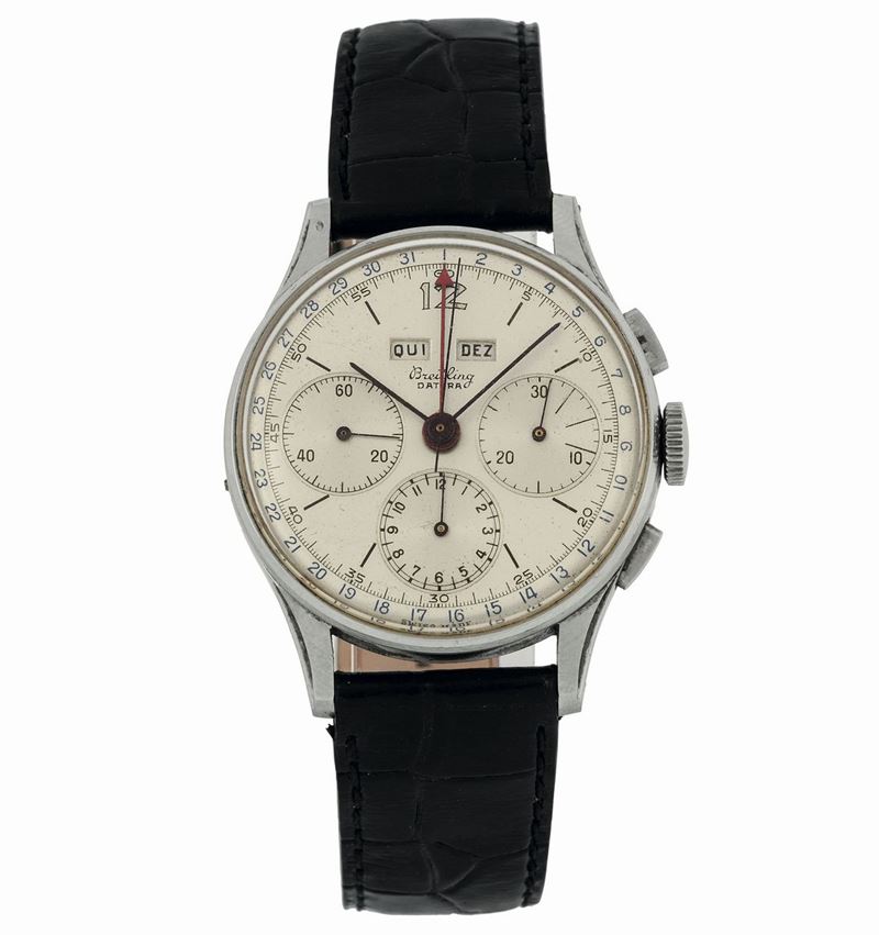 Breitling, Datora, case No. 608850, Ref. 785. Fine and very rare, stainless steel chronograph wristwatch with  registers,  triple date and original buckle. Made circa in 1950.  - Auction wrist and pocket watches - Cambi Casa d'Aste