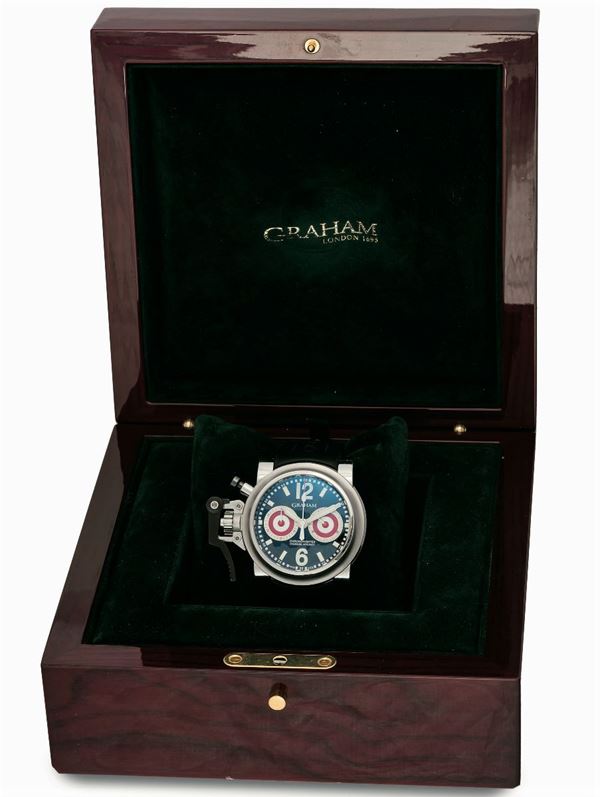 Graham, Chronofighter, Officially Certified Chronometer, No. 024 / 100. Made in circa 2006 . Fine and unusual, oversized, self-winding, water-resistant, stainless steel chronometer wristwatch with trigger type chronograph, register and a stainless steel Graham buckle. Accompanied by the original box