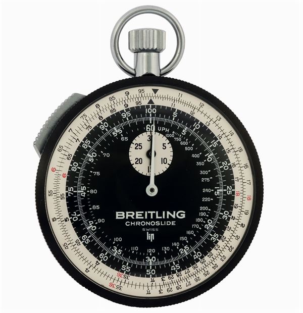 Breitling, Chronoslide, Ref. 1577.  Fine and rare, nickel chromium one-minute flyback stopwatch with 30-minute register, inner bidirectional bezel for calculations and slide for stopping. Made circa 1970