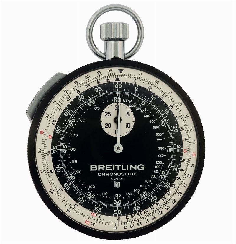 Breitling, Chronoslide, Ref. 1577.  Fine and rare, nickel chromium one-minute flyback stopwatch with 30-minute register, inner bidirectional bezel for calculations and slide for stopping. Made circa 1970  - Auction wrist and pocket watches - Cambi Casa d'Aste
