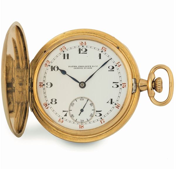 Patek Philippe & Co, Genève, No. 194924, case No. 603037. Very fine and rare, hunting cased, 18K yellow gold keyless pocket watch. Made circa 1930.