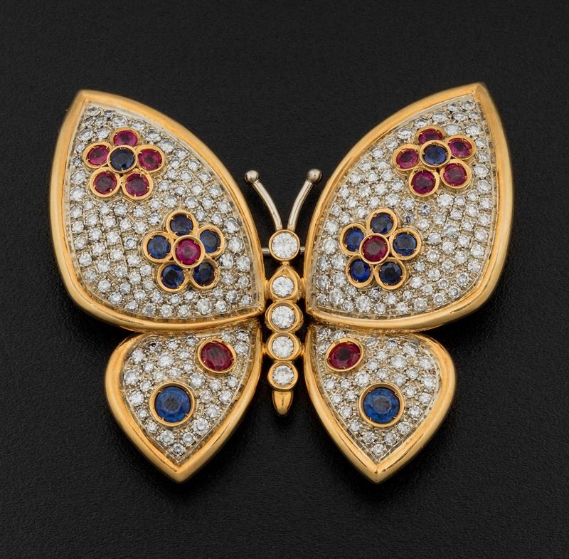 Diamond, sapphire and ruby brooch  - Auction Fine Coral Jewels - I - Cambi Casa d'Aste