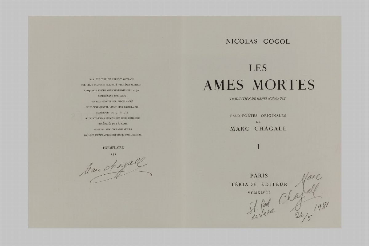 Chagall,marc / Gogol, Nikolajles Ames Mortes.traduction De Henri Mongault.eaux-fortes Originales ...