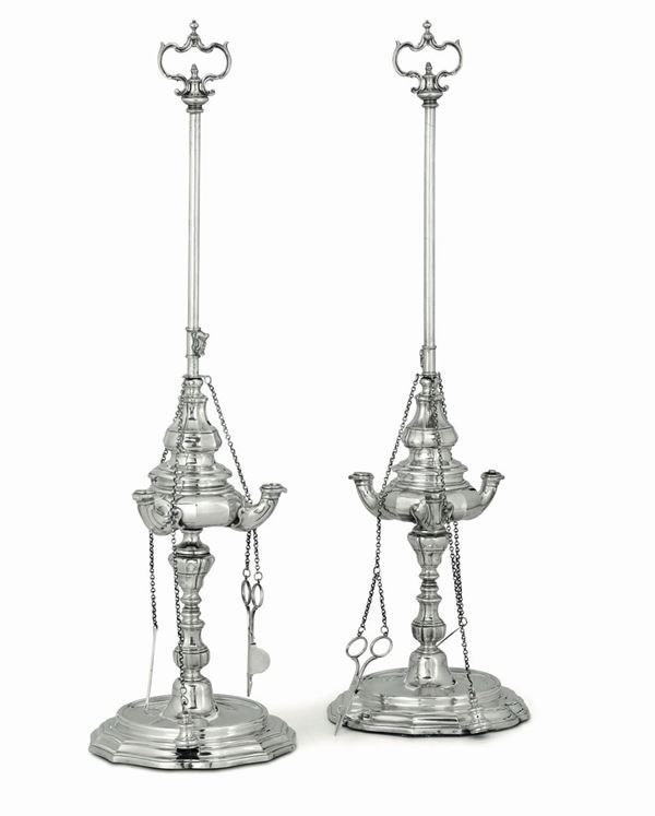Two silver lamps, A Sanini, Rome, 1700s