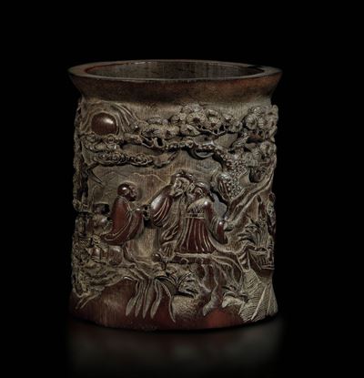 Brush Pot Intagliato in Legno di Bambù Raffigurante Scena di Vita Comune con Saggi Entro Paesaggi...