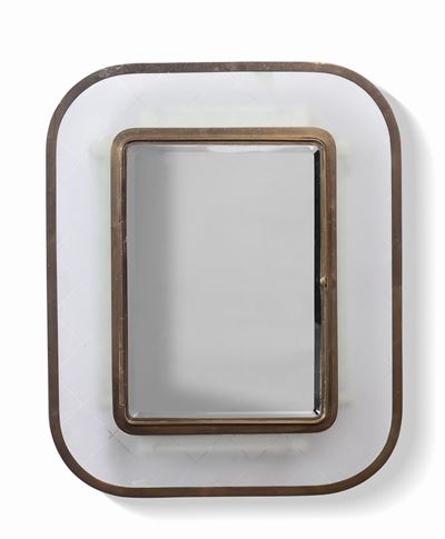 Specchiera Luminosa con Struttura in Legno e Profili in Ottone. Cornice in Vetro.