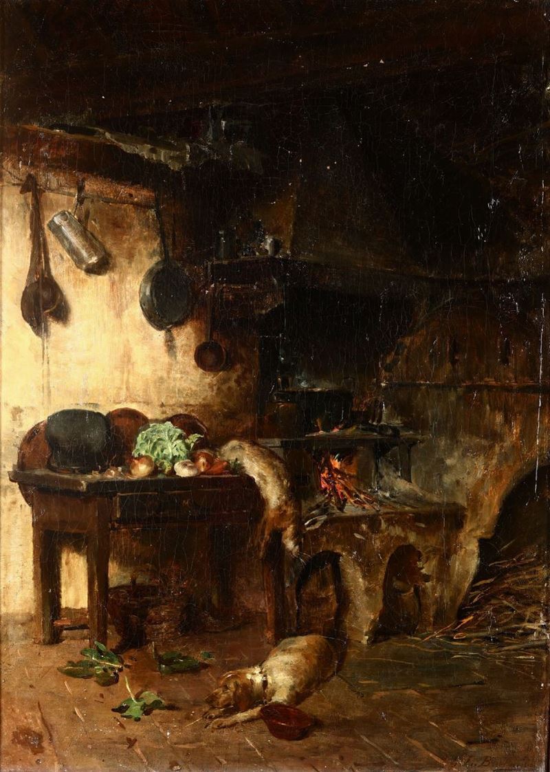 Leopoldo Burlando : Leopoldo Burlando (1841-1915) Interno di cucina  - Auction Fine Art - Cambi Casa d'Aste