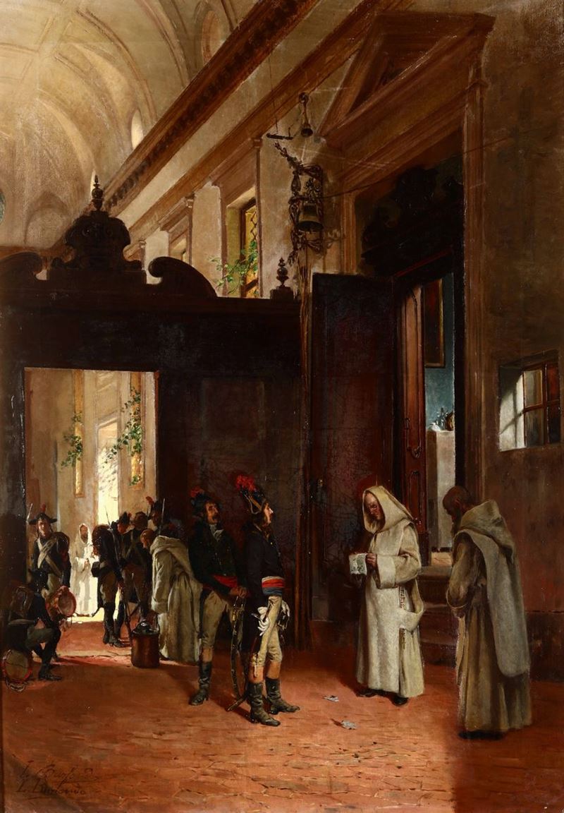 Leopoldo Burlando (1841-?) Interno di chiesa con soldati  - Asta Antiquariato - Cambi Casa d'Aste