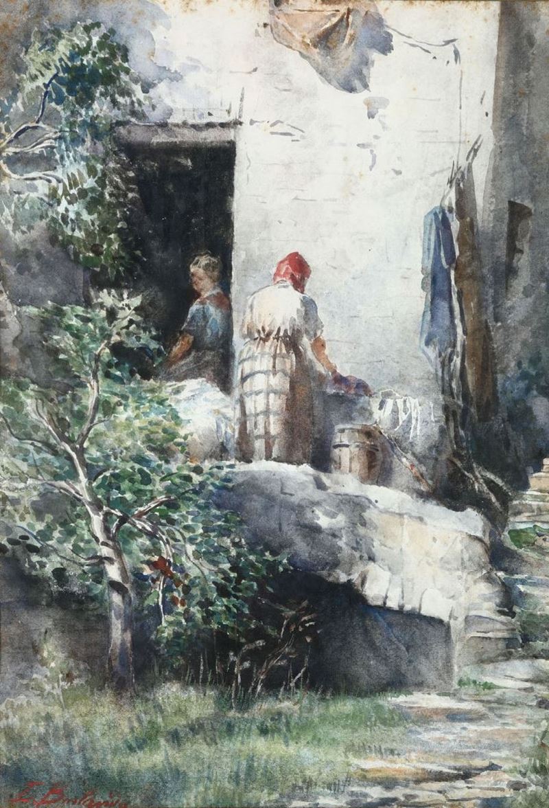 Leopoldo Burlando : Leopoldo Burlando (1841-1915) Lavatoio  - Auction Fine Art - Cambi Casa d'Aste