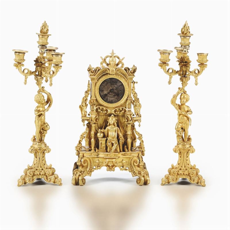 Trittico da camino in bronzo dorato e cesellato, XIX secolo  - Auction Antique Clocks - Cambi Casa d'Aste