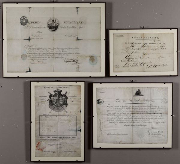 Gruppo di 7 legion d’onore e riconoscimenti con firma di Gioacchino Napoleone e altre