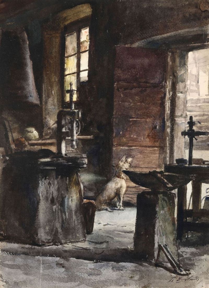Leopoldo Burlando : Leopoldo Burlando (1841-1915) Interno di casa con cane  - Auction Fine Art - Cambi Casa d'Aste