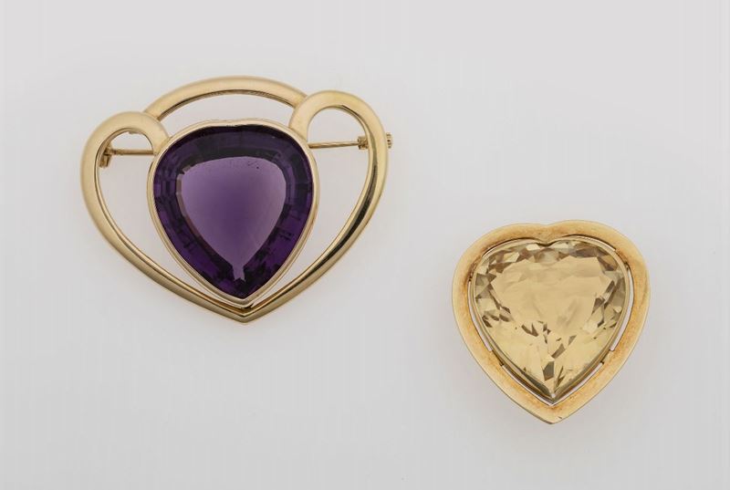 Two amethyst, citrine quartz and gold brooches  - Auction Jewels - Cambi Casa d'Aste