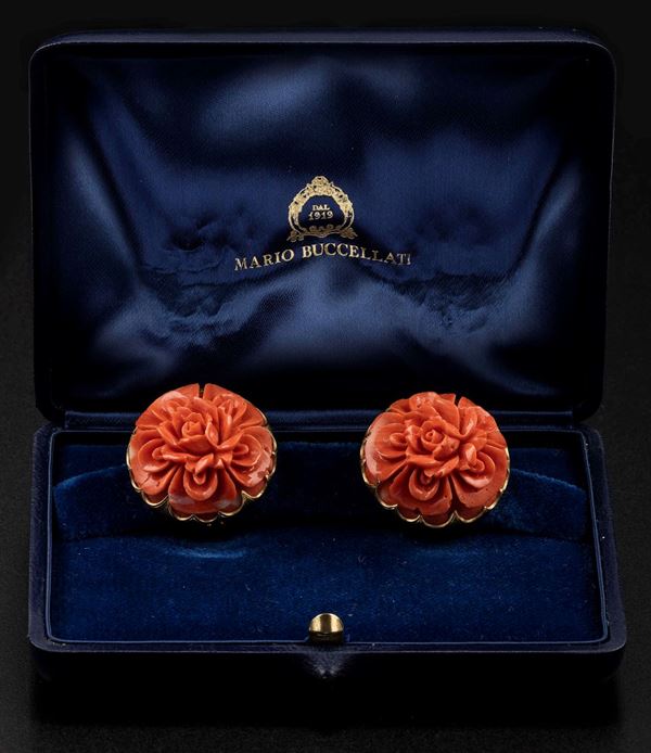 Pair of coral and gold earrings. Signed M. Buccellati. Fitted case