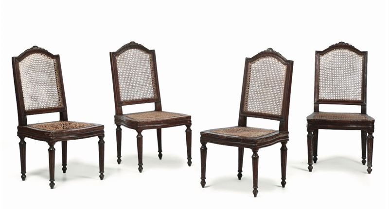 Quattro sedie Luigi XVI in noce intagliato, fine XVIII secolo  - Auction Fine Art - Cambi Casa d'Aste