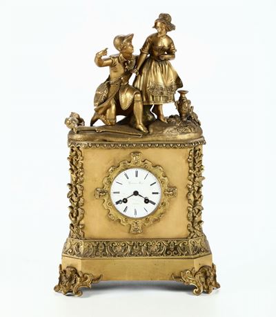 Pendola da Tavolo in Bronzo Dorato e Cesellato Giacomo Moro, Firenze, XX Secolo