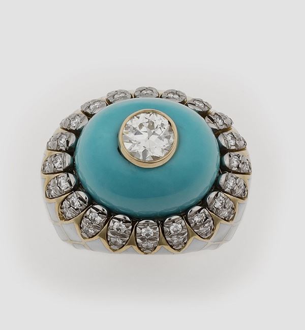 Turquoise, diamond, enamel, gold and platinum ring. Signed David WEBB