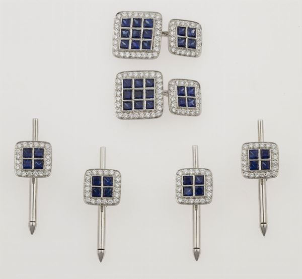 Lot consisting of a white gold, diamond and sapphire dress set and a pair of cufflinks