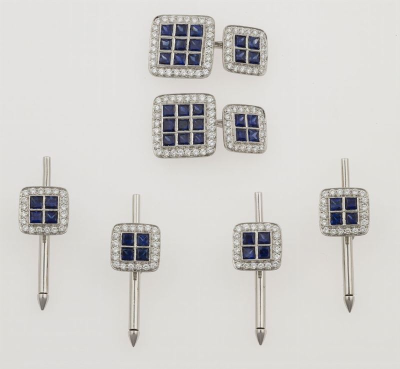Lot consisting of a white gold, diamond and sapphire dress set and a pair of cufflinks  - Auction Fine Jewels - II - Cambi Casa d'Aste