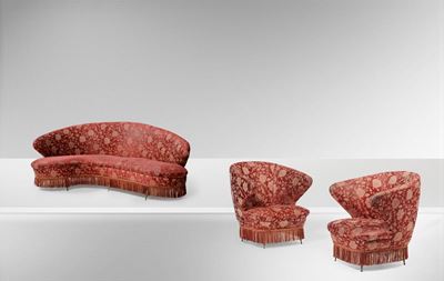 Salotto Composto da un Divano Curvo e Due Poltrone con Struttura in Legno, Supporti in Ottone e R...