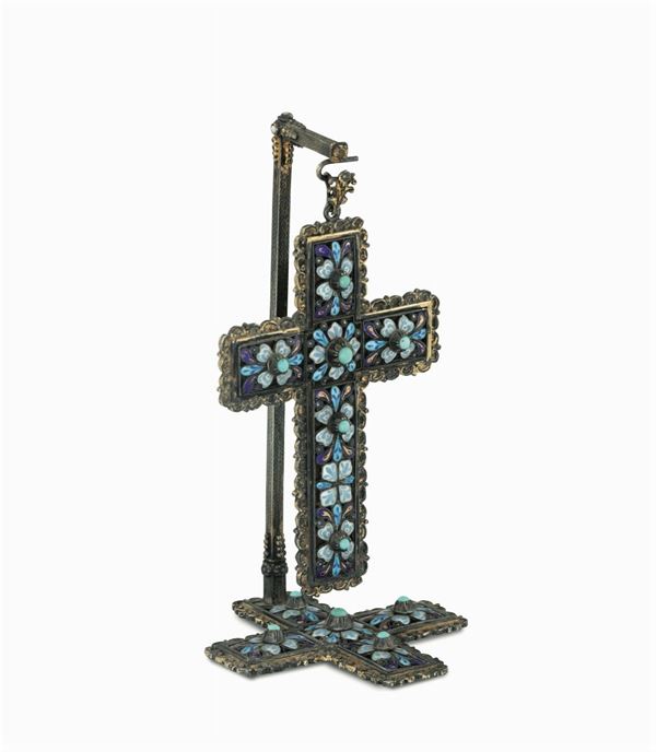 A silver and turquoise cross, 1900s