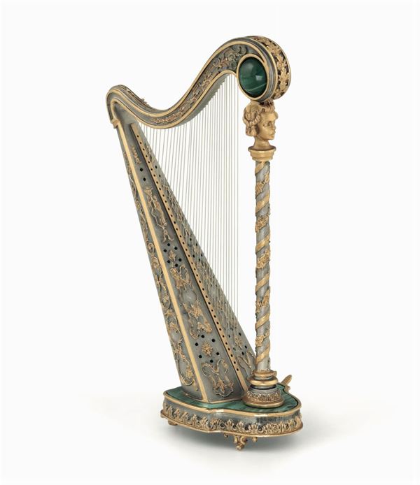 A silver and malachite harp, Milan, 1900s