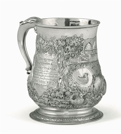 Boccale in Argento Fuso, Sbalzato e Cesellato Londra 1736, Argentiere T.f (non Identificato)