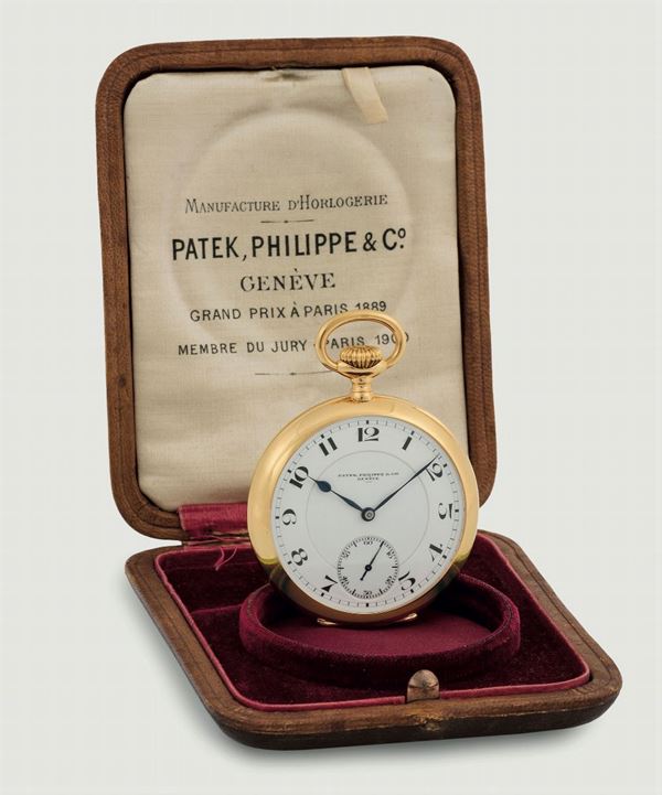 Patek Philippe, Geneve, movement No. 127817. Fine, 18K yellow gold pocket watch. Accompanied by the original box. Made circa 1900